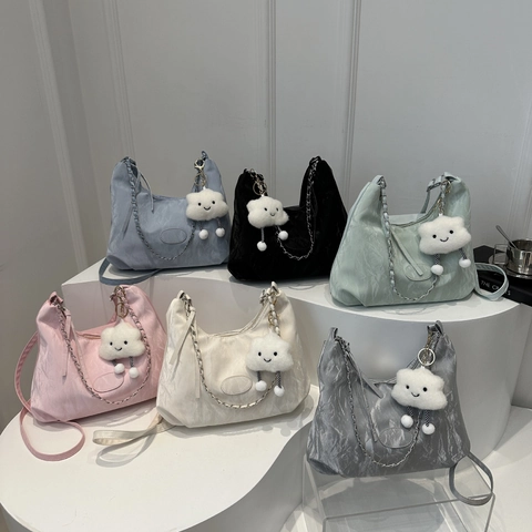 Borsa Hobo Donna Pelle PU Trama Increspata Grande Capacità Borsa A Spalla Mezzaluna Con Catena Metallica Versatile Casual