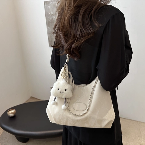 Borsa Hobo Donna Pelle PU Trama Increspata Grande Capacità Borsa A Spalla Mezzaluna Con Catena Metallica Versatile Casual