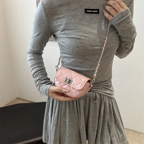 Mini Quilted Crossbody Bag For Women Diamond Pattern PU Leather Chain Strap Turn Lock Fashion Small Square Shoulder Bag
