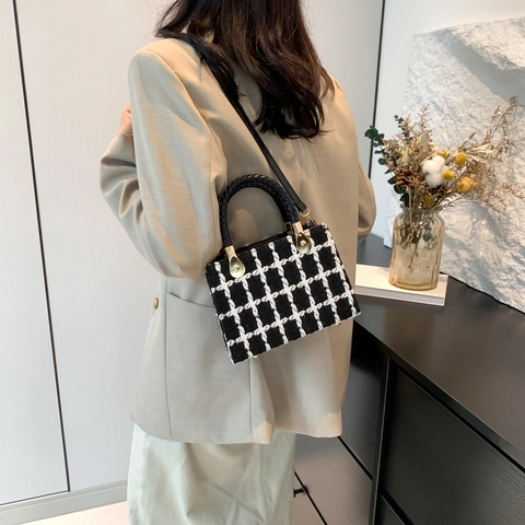 Borsa A Mano Elegante In Tweed A Quadri Piccola Borsa A Tracolla Quadrata Con Manico Intrecciato Dettaglio Filo Dorato Stile Lusso