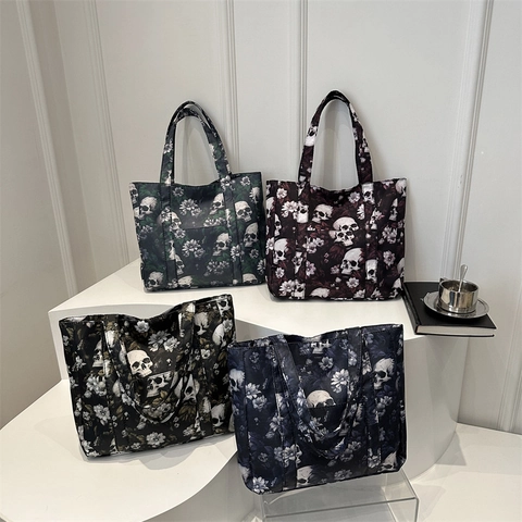 Gothische Schoudertas Voor Dames Met Schedel En Bloemenprint Grote Capaciteit Casual Handtas PU Leer Retro Street Style