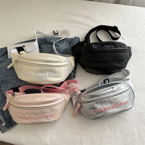 Women Fanny Pack PU Leather Half Moon Chest Bag With Letter Embroidery And Braided Zipper Pull Trendy Crossbody