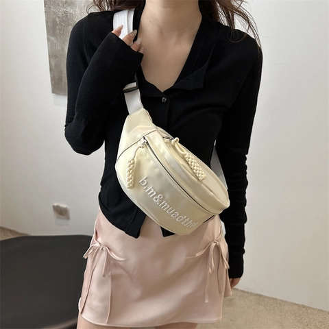 Women Fanny Pack PU Leather Half Moon Chest Bag With Letter Embroidery And Braided Zipper Pull Trendy Crossbody