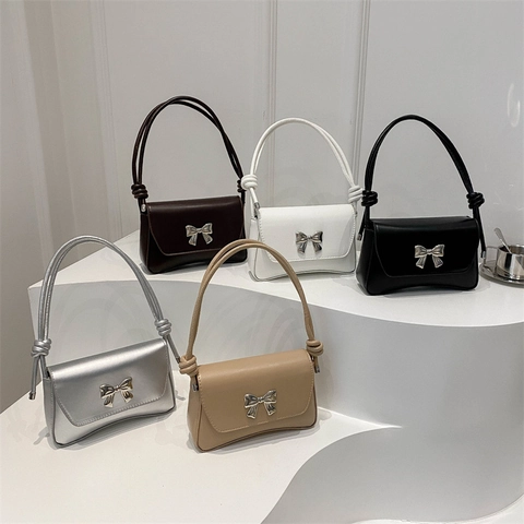 Women Crossbody Underarm Bag PU Leather With Metal Bowknot Decoration Knotted Strap Magnetic Closure Fashion Chic