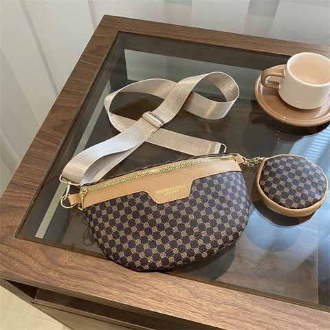 Women Retro Crossbody Bag Waist Pack And Round Coin Purse PU Leather Geometric Monogram Pattern Wide Adjustable Strap