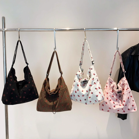 Sac À Bandoulière En Velours Côtelé À Imprimé Fraise Cordon Coulissant Sangle Réglable Cabas Pour Femmes