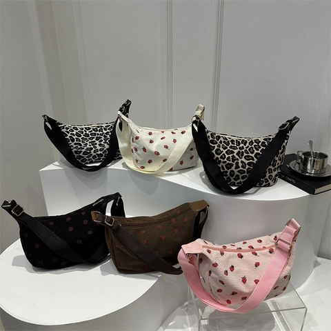 Women Corduroy Strawberry Embroidery Hobo Bag Fashion Leopard Print Underarm Shoulder Bag With Adjustable Strap Handbag