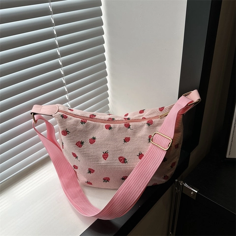Sac À Épaule En Velours Côtelé Imprimé Fraise Léopard Croissant Bandoulière Décontracté Mode Pour Femmes Sangle Réglable