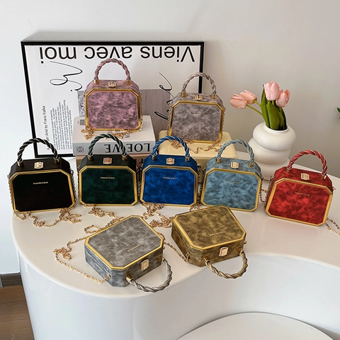Octagonale Geometrische Doos Handtas PU Leer Goud Metalen Frame Ketting Riem Retro Chique Crossbody Tas Voor Vrouwen Feest Avond