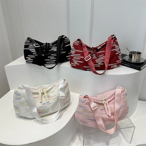 Women Shoulder Bag Quilted Colorful Wave Embroidery Casual Crossbody Hobo Bag With Adjustable Wide Strap Double Zippers