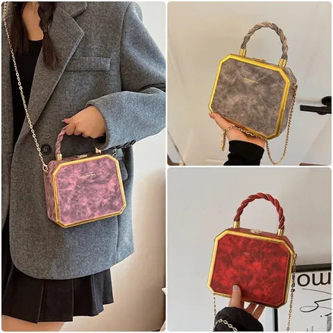 Octagonale Geometrische Doos Handtas PU Leer Goud Metalen Frame Ketting Riem Retro Chique Crossbody Tas Voor Vrouwen Feest Avond
