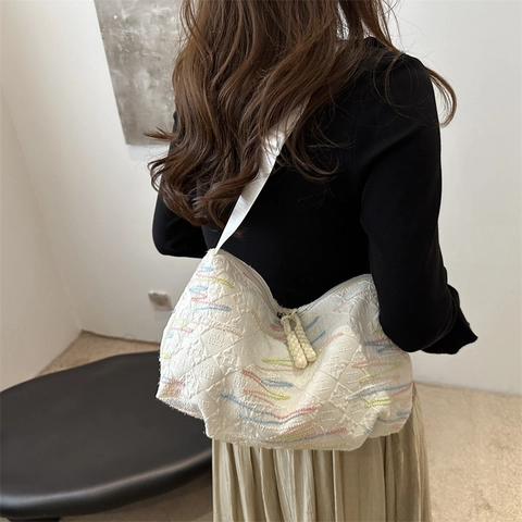 Women Shoulder Bag Quilted Colorful Wave Embroidery Casual Crossbody Hobo Bag With Adjustable Wide Strap Double Zippers
