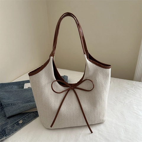 Damen Canvas Tote Bag Vintage Fischgrätenmuster Lederbesatz Schleifen Detail Geräumige Pendeln Schulter Handtasche