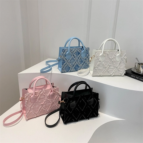 Women Denim Shoulder Bag Frayed Edge Rhombic Pattern Small Square Handbag Distressed Streetwear Casual
