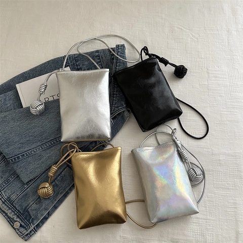 Damen Mini Umhängetasche Handy Tasche Metallic PU Leder Mode Kleine Quadratische Vertikale Rechteckige Schultertasche Mit Knotendekor