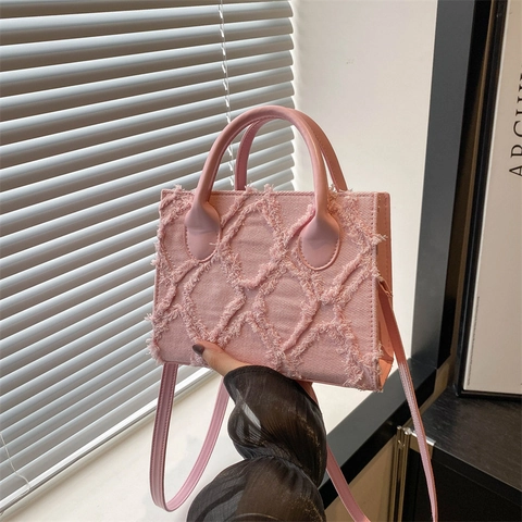Borsa A Tracolla In Denim Di Tela Con Motivo A Diamanti Trapuntati Bordo Sfilacciato Borsa A Mano Donna Estetica Trendy Tracolla Regolabile