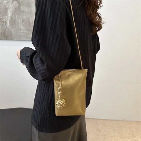 Damen Mini Umhängetasche Handy Tasche Metallic PU Leder Mode Kleine Quadratische Vertikale Rechteckige Schultertasche Mit Knotendekor