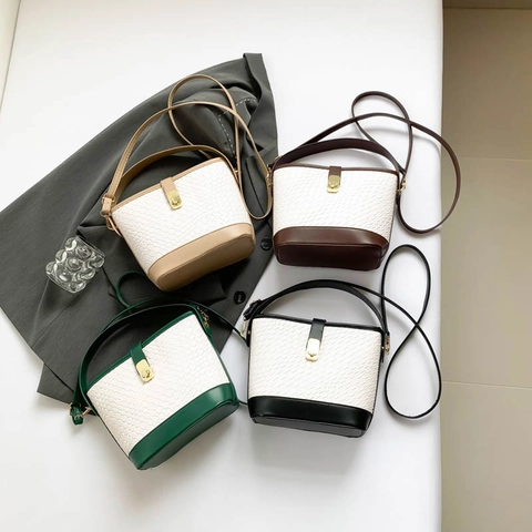 Bolso De Cubo Para Mujer Cuero PU Textura Tejida Patrón Cocodrilo Bloque De Color Cierre Dorado Bolso De Mano Cruzado