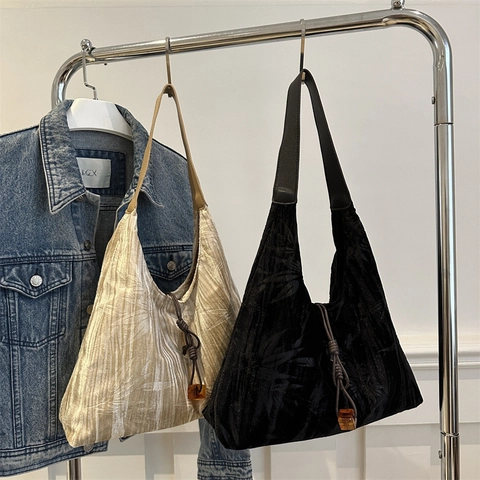 Sac À Épaule Pour Femmes Grande Capacité Velours Cuir Synthétique Plissé Motif Feuilles De Bambou Style Chinois Hobo Gland