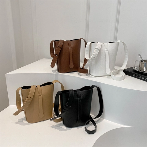 Women Bucket Bag Litchi Pattern PU Leather Minimalist Retro Crossbody Shoulder Bag With Adjustable Strap Magnetic Closure