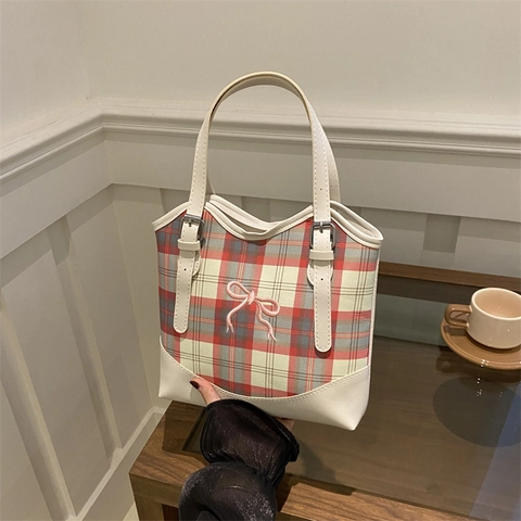 Sac Fourre-tout À Carreaux Pour Femmes Broderie Nœud Doux Sac À Épaule Avec Sangle Réglable Sac À Main Rétro