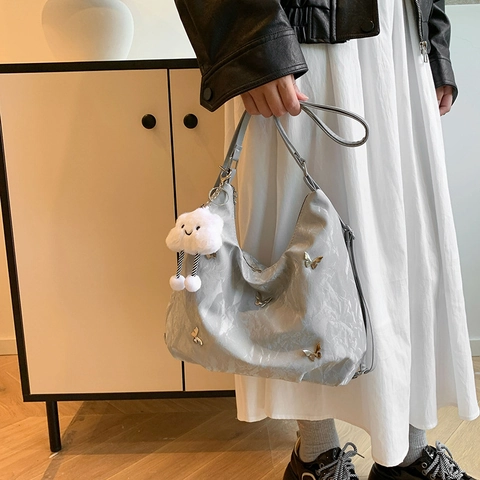 Borsa A Spalla Hobo Farfalla Ruched Grande Capacità Pelle PU Pieghettata Chic Y2K Borsa Tote Donna