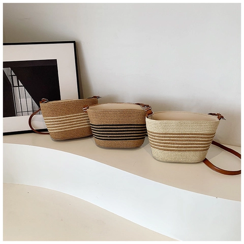 Gewebte Stroh-Umhängetasche Gestreift Vintage-Stil Schulter-Eimer-Handtasche Mit Verstellbarem Lederriemen Für Damen Lässig