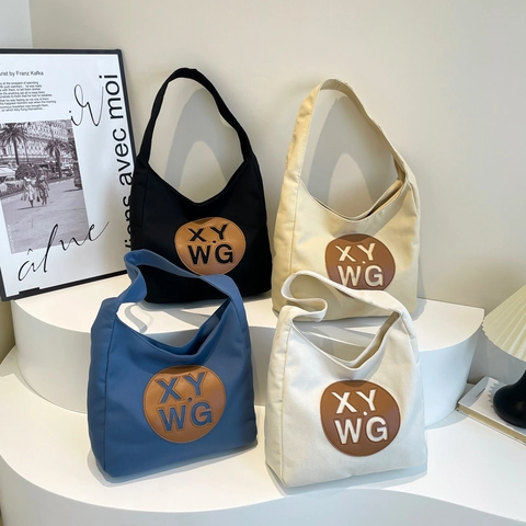 Bolso Tote De Lona Mujeres Gran Capacidad Letra Relieve Cierre Magnético Bolso De Hombro Streetwear Color Contraste Parche