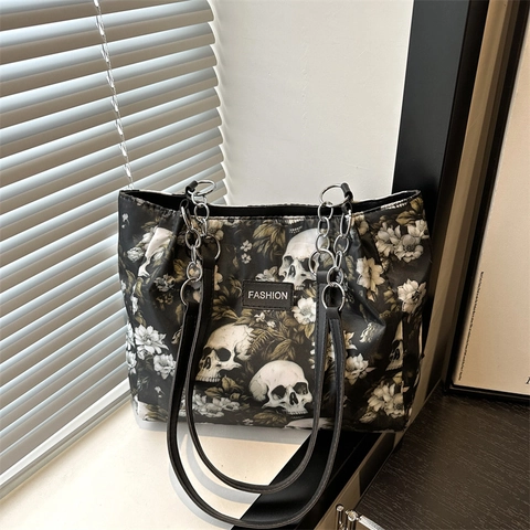 Borsa Tote Stampa Teschio E Fiori Grande Capacità Gothic Streetwear Borsa A Spalla Catena Metallica Chiusura Lampo Donne