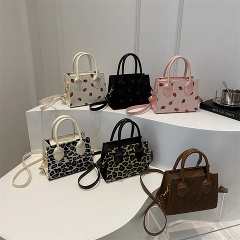 Women Corduroy Mini Handbag Crossbody Bag With Strawberry Leopard Print Fashion Small Square Shoulder Tote