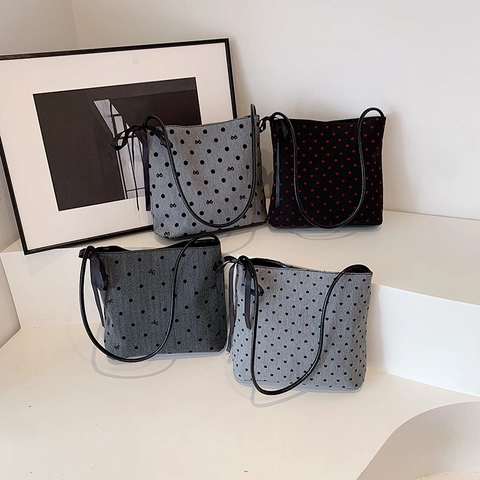 Women Shoulder Bag Canvas Bucket Style Polka Dot And Heart Print With Bow Ribbon Sweet Elegant Commuting Tote
