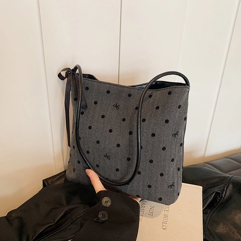 Women Shoulder Bag Canvas Bucket Style Polka Dot And Heart Print With Bow Ribbon Sweet Elegant Commuting Tote