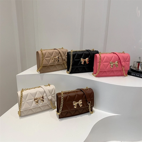 Sac Sous Le Bras Matelassé Pour Femme Cuir PU Motif Losange Décoration Noeud En Métal Chaîne Dorée Mode Quotidien