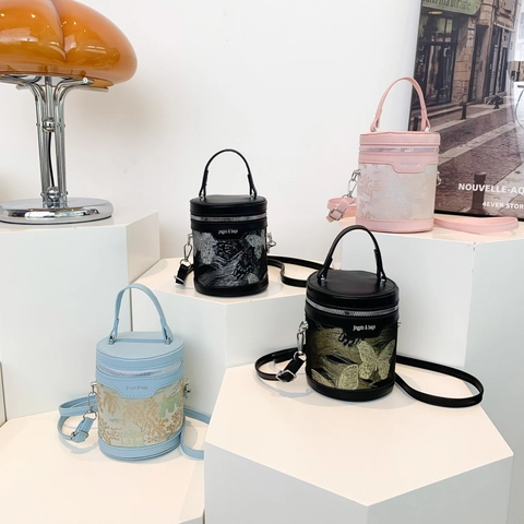 Borsa A Secchiello Cilindrica In Pelle PU Ricamo Borsa A Mano Con Tracolla Regolabile Retro Versatile Per Donna