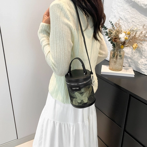 Borsa A Secchiello Cilindrica In Pelle PU Ricamo Borsa A Mano Con Tracolla Regolabile Retro Versatile Per Donna