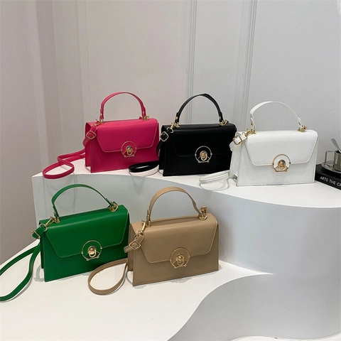 Women Fashion Shoulder Bag PU Leather Gold Circular Lock Top Handle Crossbody Box Small Square Handbag For Daily Work
