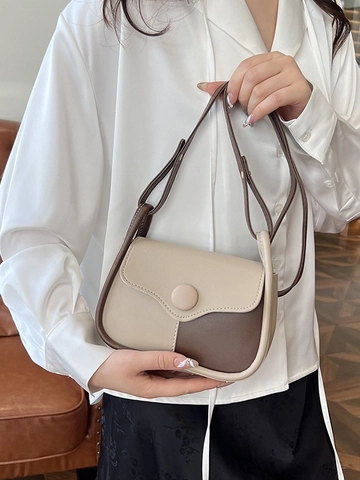 Borsa A Tracolla In Pelle PU A Contrasto Di Colore Da Donna Piccola Borsa A Spalla Quadrata Con Bottone Rotondo E Cuciture