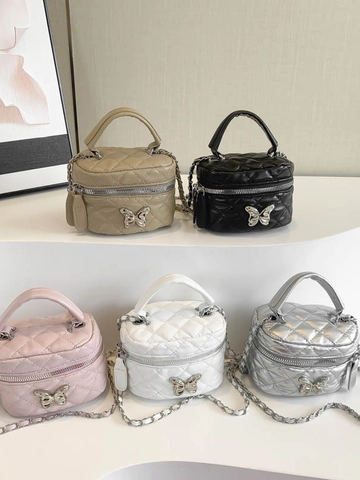 Mini Crossbody Bag Women Quilted PU Leather Metallic Butterfly Decoration Silver Chain Handbag Trendy Vanity Box Purse