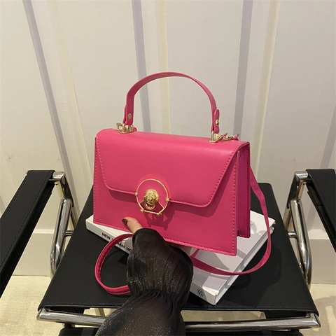 Women Fashion Shoulder Bag PU Leather Gold Circular Lock Top Handle Crossbody Box Small Square Handbag For Daily Work