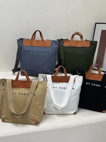 Large Capacity Canvas Tote Bag Women PU Leather Patchwork Retro Letter Print Handbag Shoulder Crossbody Casual Travel