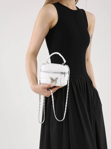 Mini Crossbody Bag Women Quilted PU Leather Metallic Butterfly Decoration Silver Chain Handbag Trendy Vanity Box Purse