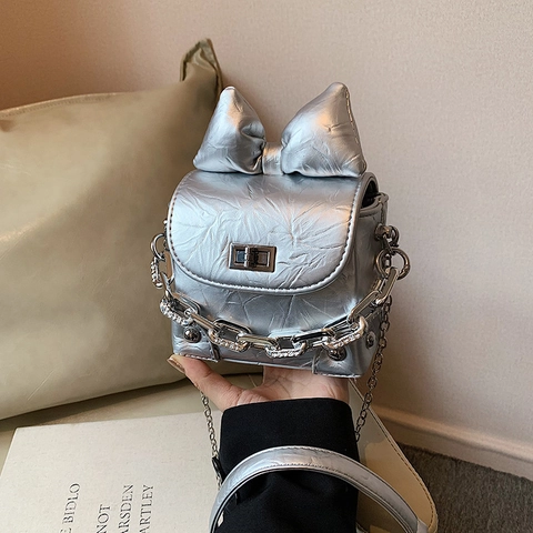 Borsa A Spalla Tracolla Donna Fiocco Grande Pelle PU Texture Pieghe Catena Argento Borsa Quadrata Piccola Quotidiana