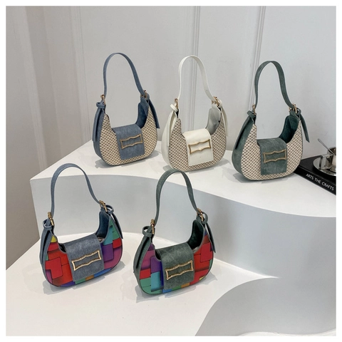 French Style Woven Straw Crescent Hobo Bag Patchwork Leather Shoulder Bag Retro Small Underarm Bag For Women