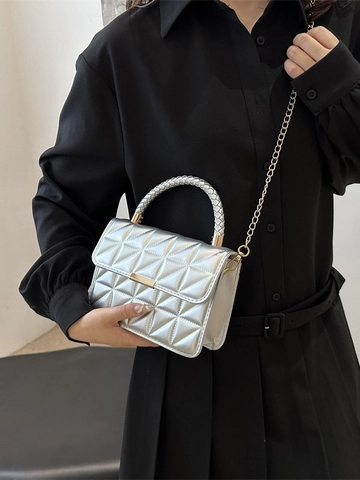 Women Quilted Crossbody Bag PU Leather Woven Handle Gold Chain Strap Retro Small Square Handbag Fashion Elegant