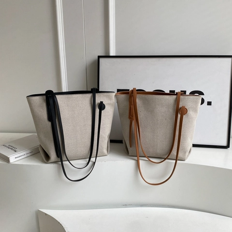 Bolso Tote De Lona De Gran Capacidad Con Correas De Cuero PU Bolso De Hombro Minimalista De Color En Contraste