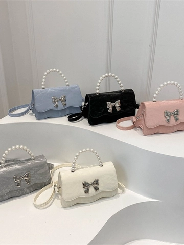 Women Mini Handbag PU Leather Crossbody Bag With Artificial Pearl Handle Metal Bow Wave Edge Wrinkled Texture Elegant Sweet Style