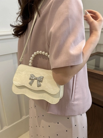 Women Mini Handbag PU Leather Crossbody Bag With Artificial Pearl Handle Metal Bow Wave Edge Wrinkled Texture Elegant Sweet Style