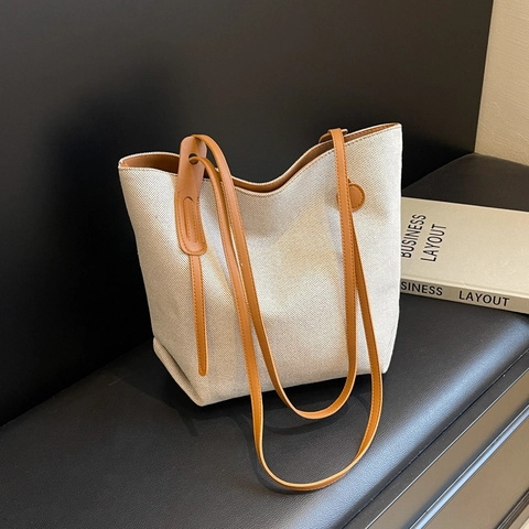 Bolso Tote De Lona De Gran Capacidad Con Correas De Cuero PU Bolso De Hombro Minimalista De Color En Contraste