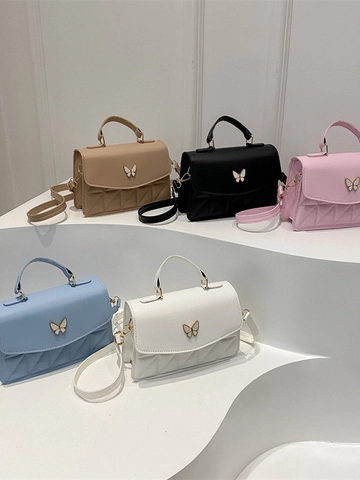 Butterfly Buckle Quilted Diamond Pattern PU Leather Small Square Bag With Top Handle Adjustable Long Strap Elegant Fashion