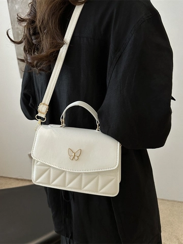 Butterfly Buckle Quilted Diamond Pattern PU Leather Small Square Bag With Top Handle Adjustable Long Strap Elegant Fashion